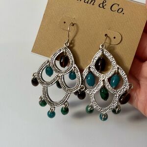Teardrop Silver Chandelier Earrings with Teal and Brown Beads - Unknown Brand